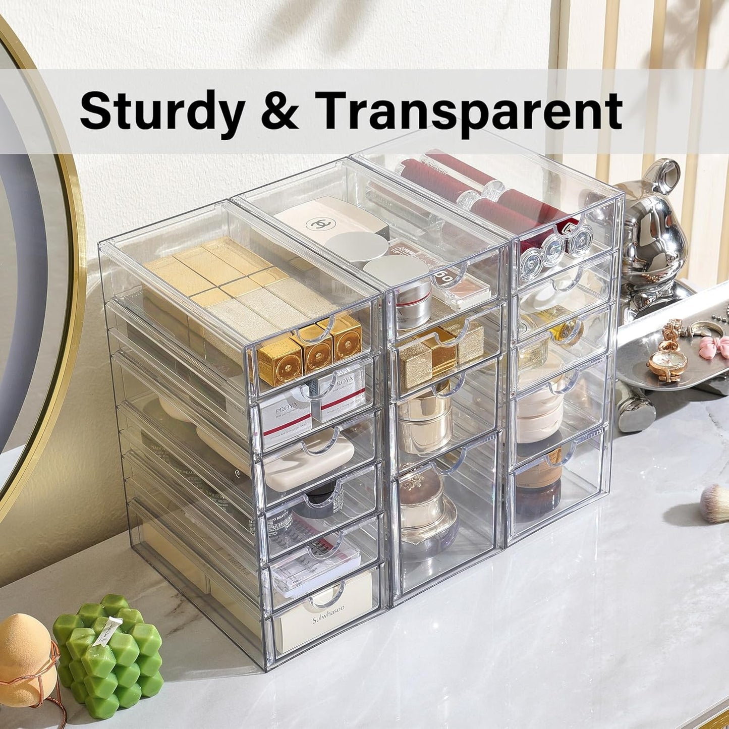 Prsildan Acrylic Drawer Organizer with 15 Drawers, Makeup Craft Office Desk Organizers Accessories, Set of 3 Clear Stackable Storage Drawers for Vanity, Countertop, Jewelry, Art Supply Organization