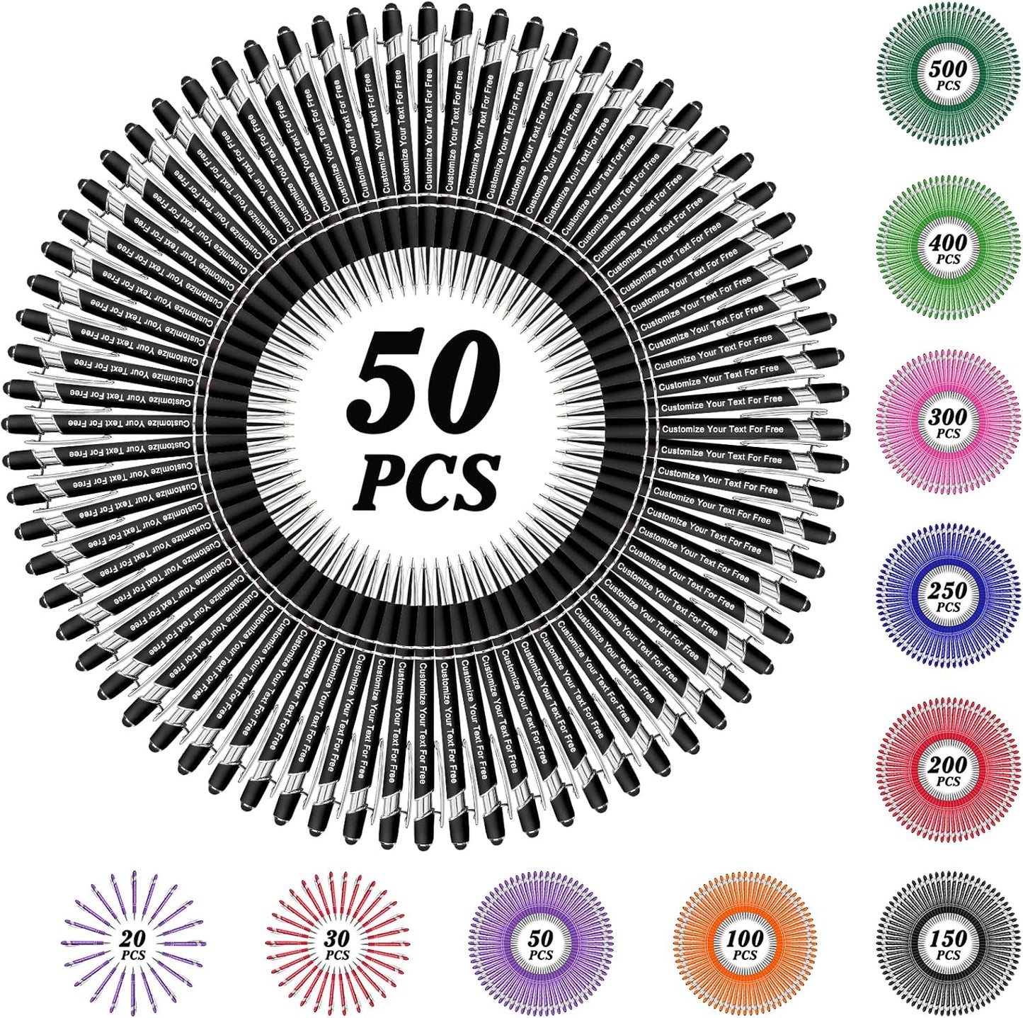 Max 500 Pcs Personalized Pens Bulk, Custom Pens with Free Engraving, Customized Stylus Tip Ballpoint Pen with Your Name Massage Text for School Office Business Graduation Anniversaries-50 Packs