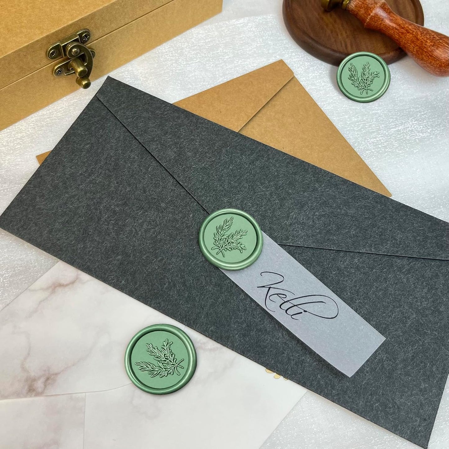 100Pcs Wax Seal Stickers Handmade Envelope Seals Self Adhesive Wax Stickers for Wedding Party Invitations, Envelope, Gift Wrap, Christmas(Rosemary Style, Olive Green)