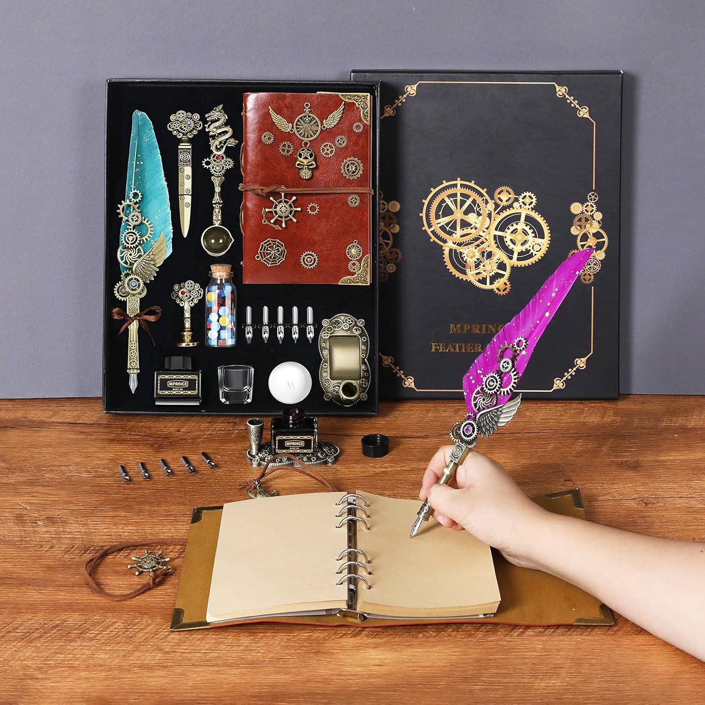 Aifeiter Quill Pen Ink Set Leather Notebook With Quill Pen,Notebook, 5 Replaceable Nibs,Seal Stamp,Spoon,Wax Beads,White Wax, Ink,Pen Holder,Cup,Envelope,Letter Paper,Envelope Tool(green)