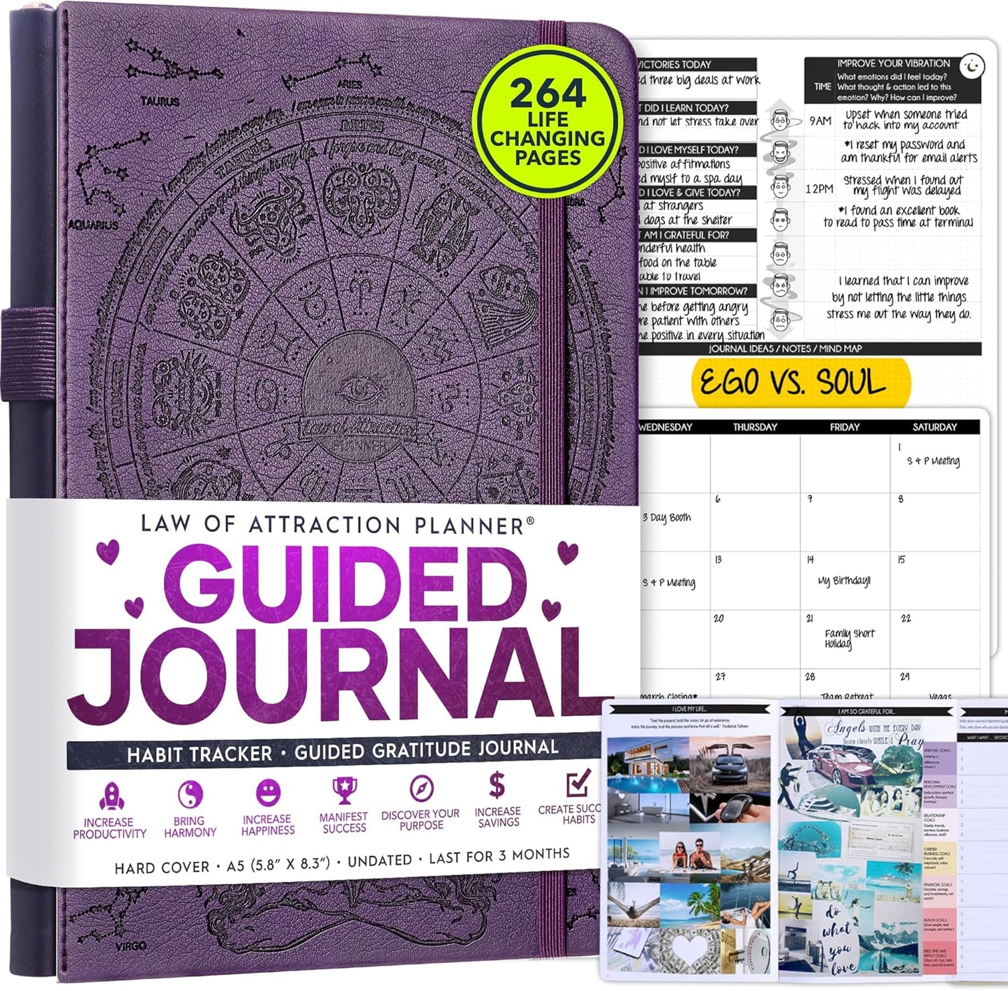 Guided Journal - Gratitude & Mental Health Journal for 5 Minute Daily | 90-Day Undated Planner for Positivity & Manifestation | Guided Mindfulness, Self Care & Reflection | Vision Board + Stickers