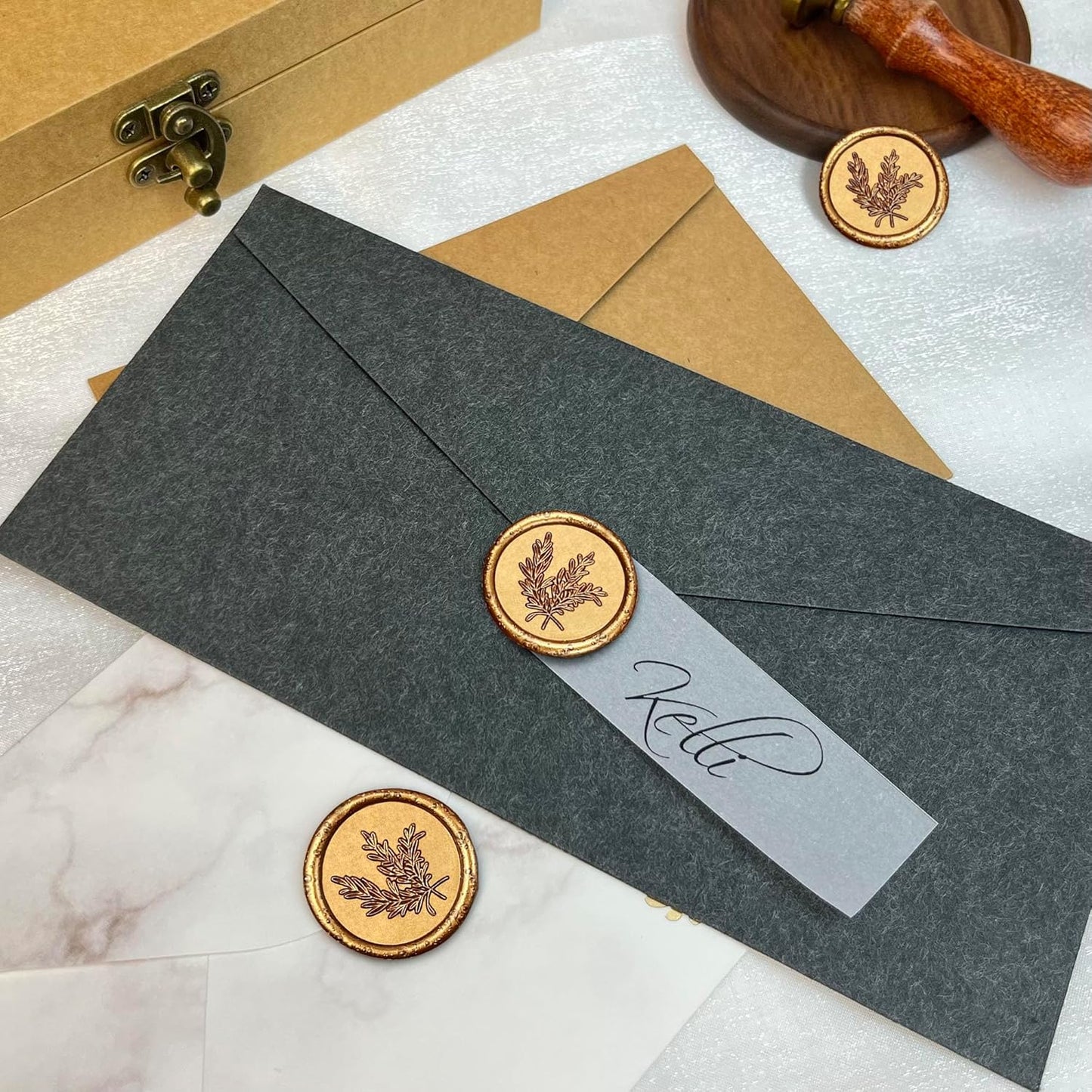 100Pcs Wax Seal Stickers Handmade Envelope Seals Self Adhesive Wax Stickers for Wedding Party Invitations, Envelope, Gift Wrap, Christmas(Rosemary Style, Antique Gold)