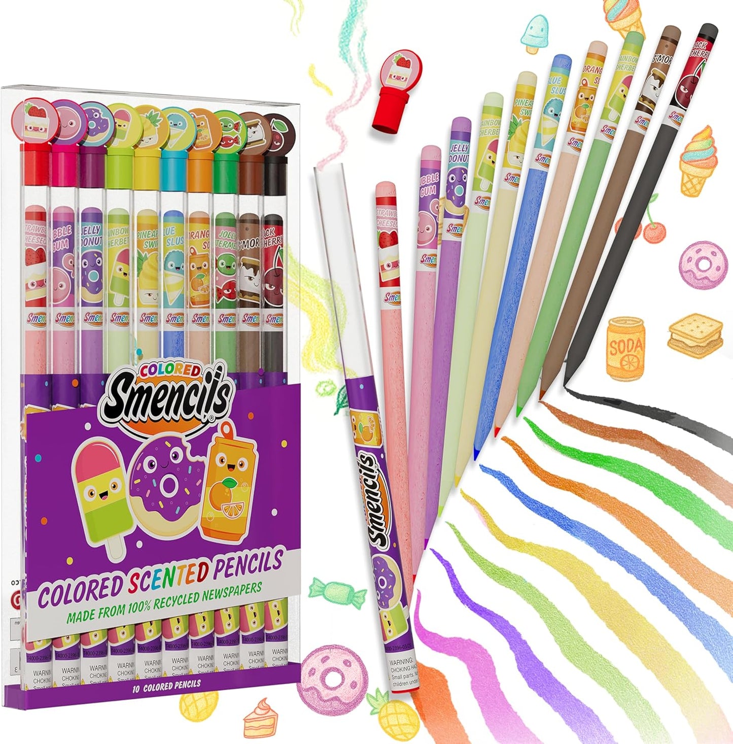 Colored Smencils - Patented Gourmet Scented Colored Pencils made from Recycled Newspapers, 10 Count, Gifts for Kids, School Supplies, Classroom Rewards