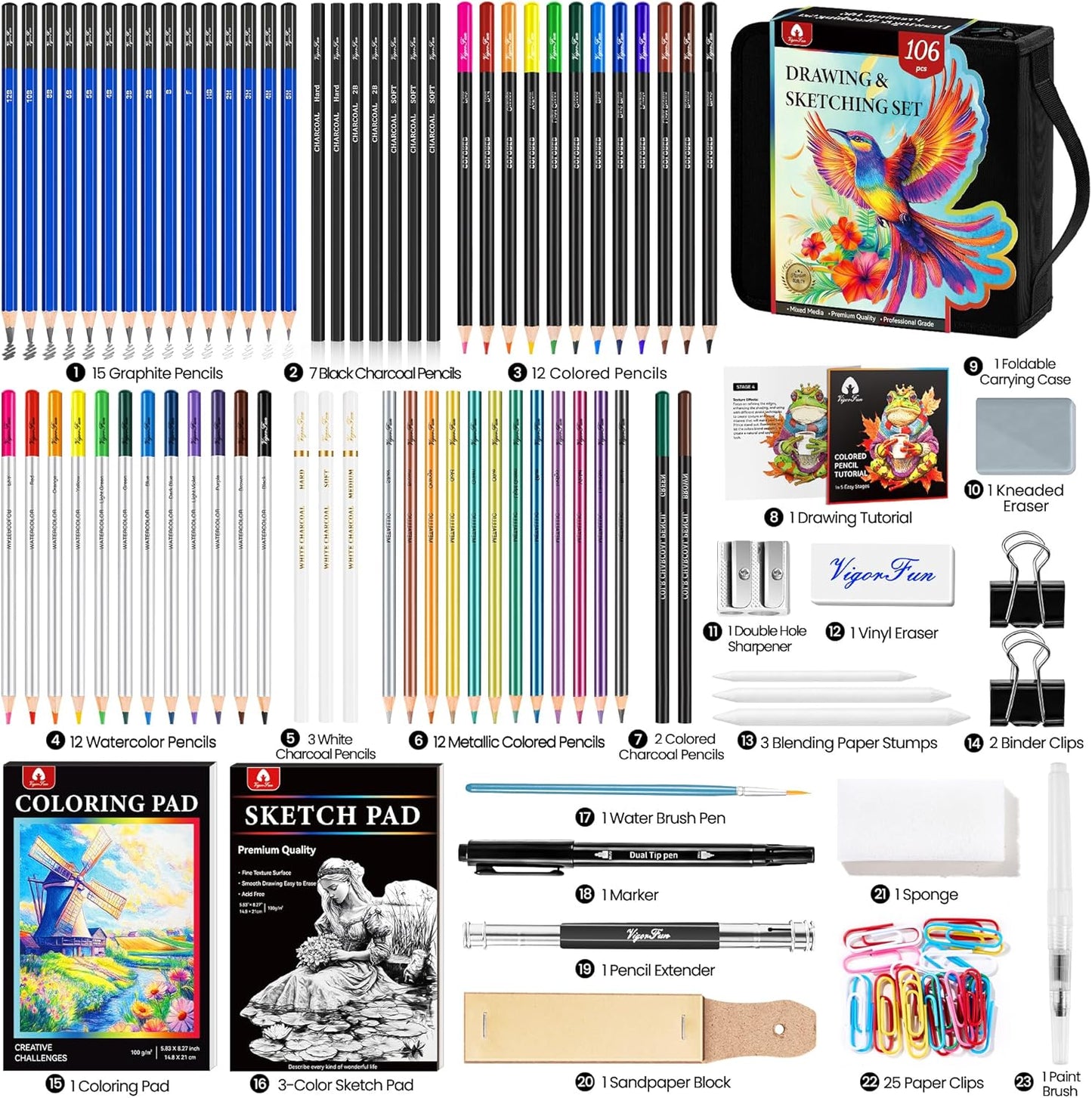 106 PCS Art Supplies Sketching Kit, Pro Drawing Pencils with 3-Color Sketchbook, Coloring Book, Colored Graphite Charcoal Watercolor & Metallic Pencils, Drawing Supplies Gifts for Artists Adults Kids