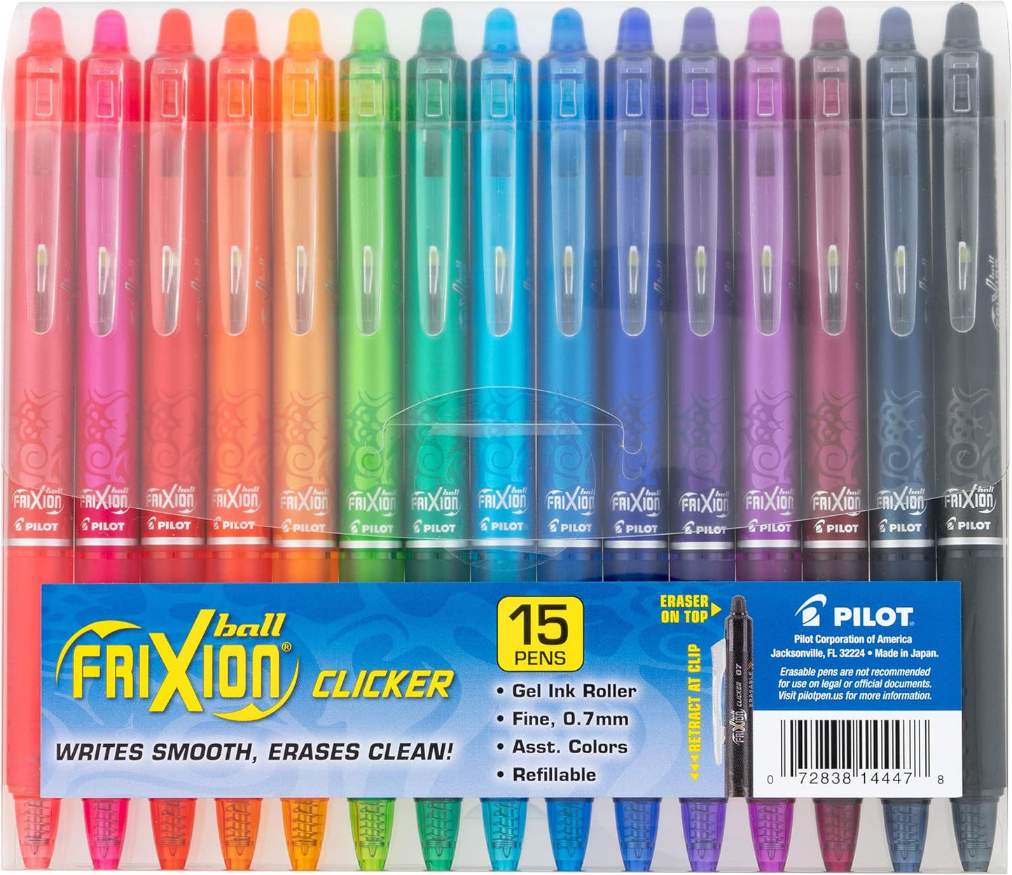Pilot FriXion Clicker Erasable Gel Pens, Fine Point 0.7 mm Erasable Pens, Pack of 15 Assorted Colors