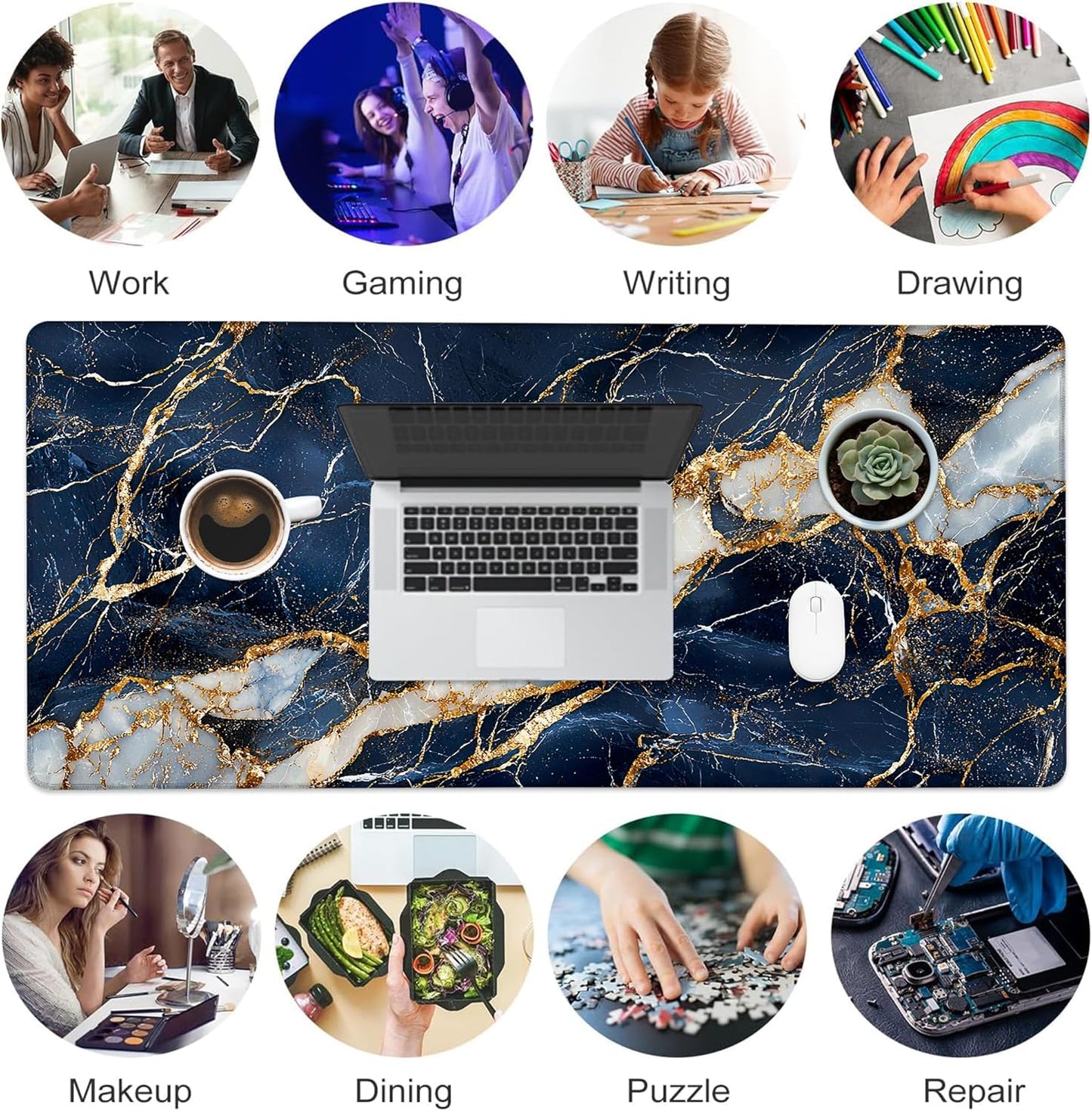 Desk Mat, Navy Blue and White Marble Texture Large Gaming Mouse Pad with Non-Slip Base Stitched Edges,Desk pad for Keyboard and Mouse Home Office 35.4"x15.7"