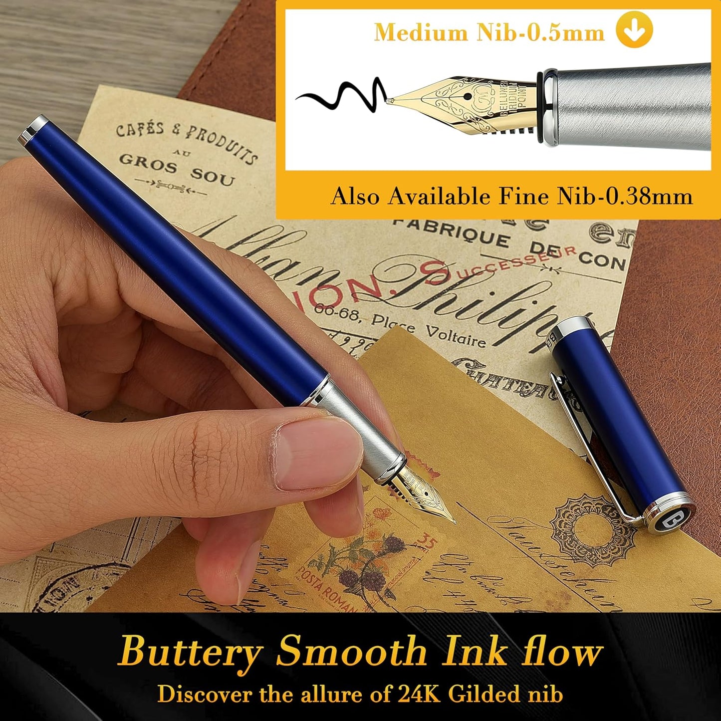 BEILUNER Luxury Fountain Pen Set,Solid 24K Gilded Medium Nib, Modern Classic Limited Edition -Includes 6 Ink Cartridges&Ink Refill Converter with Gift Case-Perfect for Men and Women（Charming blue）