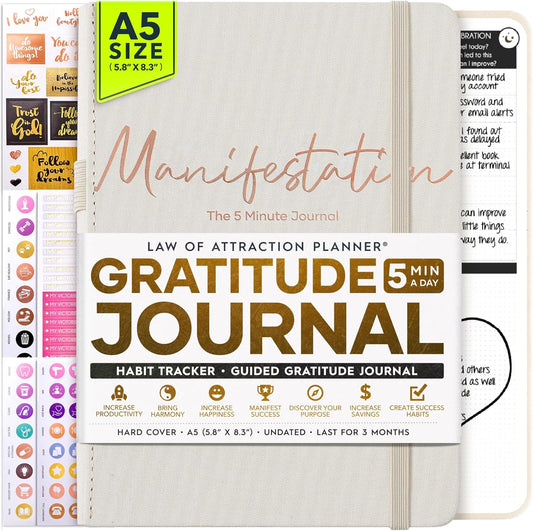 Gratitude Journal for Women & Men - 5 Minute Self Care Journal | 90-Day Undated Daily Planner for Positivity, Affirmations & Manifestation | Guided Mindfulness, Reflection | Vision Board + Stickers