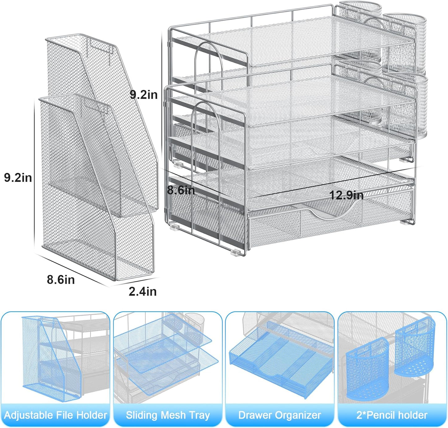 gianotter Desk Organizers and Accessories with File Holder, 4-Tier Desk Accessories & Workspace Organizers with Drawer and 2 Pen Holder, Paper Organizer for Office Supplies (Grey)