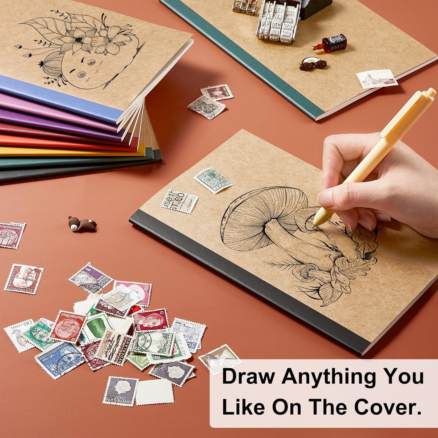 feela 56 Pack Composition Notebooks Bulk, Kraft Cover Lined Blank College Ruled Composition Travel Journals with Jewel Tone Spines For Women Students, 60 Pages, 8.3”x 5.5”, A5, 8 Vintage Colors