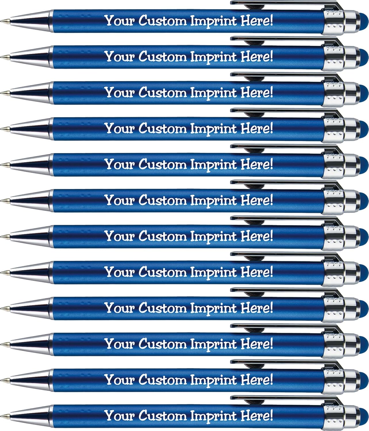 Personalized Pens with Stylus Tip -Bright Vibes- Click action - Custom - Black writing - Printed Name pens - Imprinted with Your Logo or Message - FREE PERSONALIZATION - 12 Pens/Box (Blue)