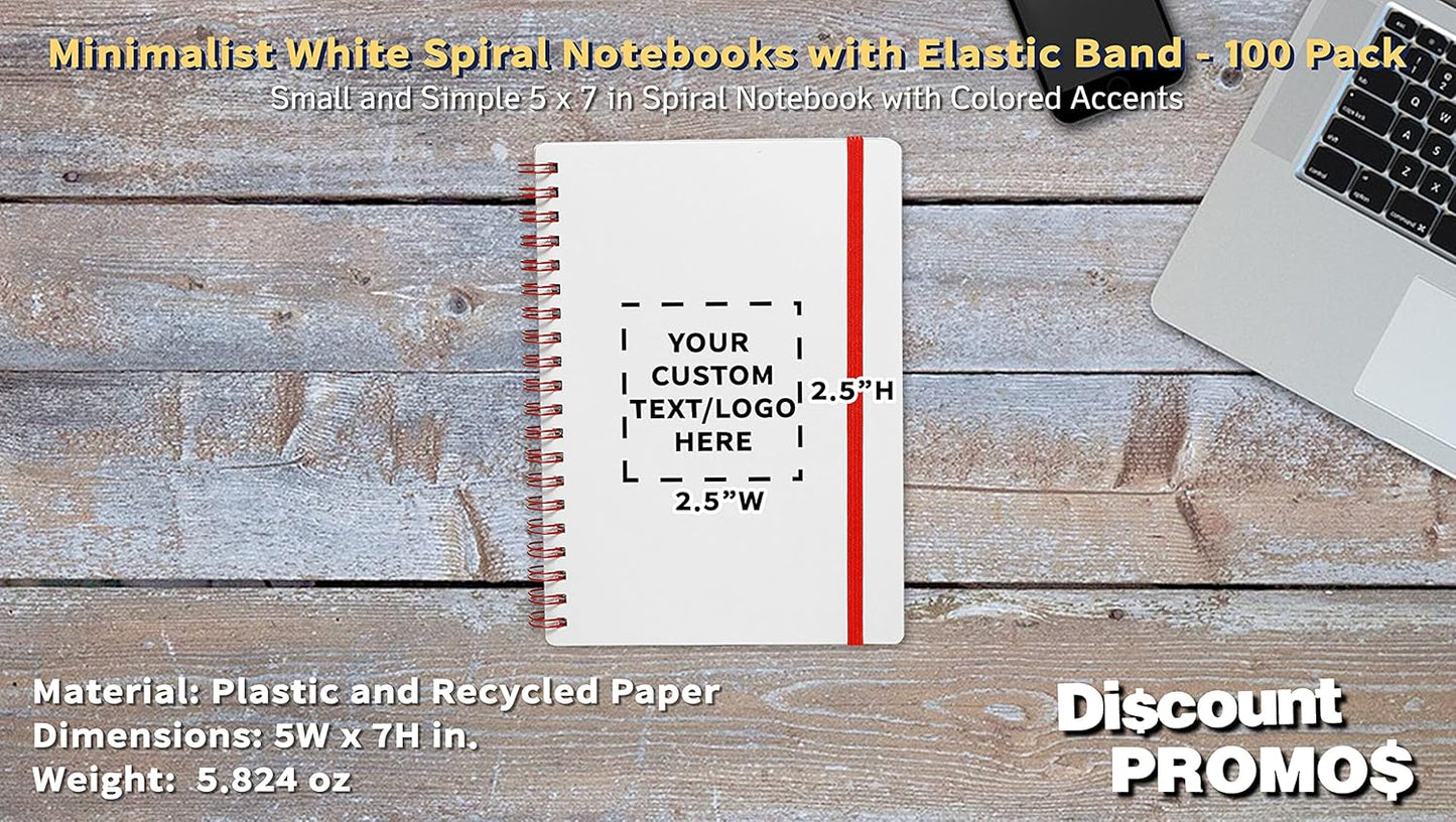 100 White Spiral Notebooks with Elastic Band Pack - Customizable Text, Logo - 80 lined pages, Recycled - Red