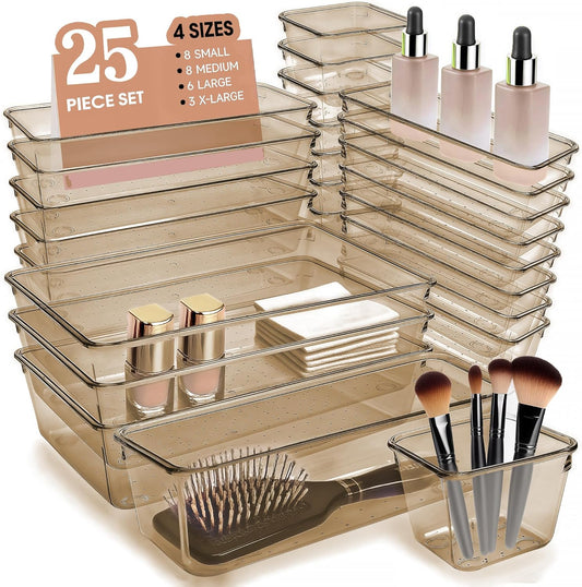 Kitchen Desk Drawer Organizers Storage for Office, Small Acrylic Vanity Trays Makeup Organizer for Drawer Bathroom Plastic Make up Organizers 25 Pcs Clear Champagne