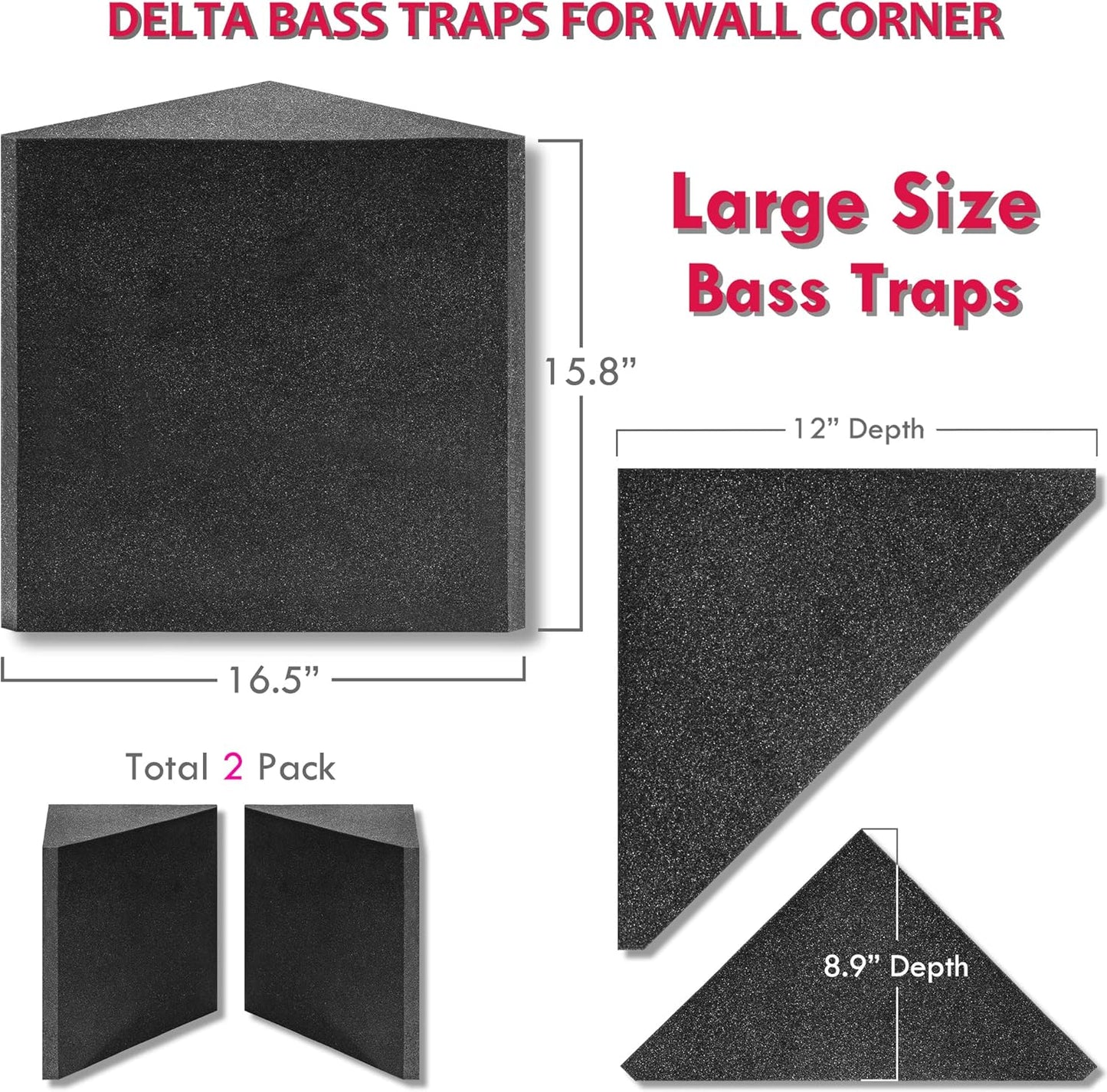 2 Pack Delta Bass Traps for Wall Corners, 16.5"x15.8"x12" Acoustic Foam for Sound Absorption, Super Chunk Bass Traps for Home Studio and Room Acoustic Treatment