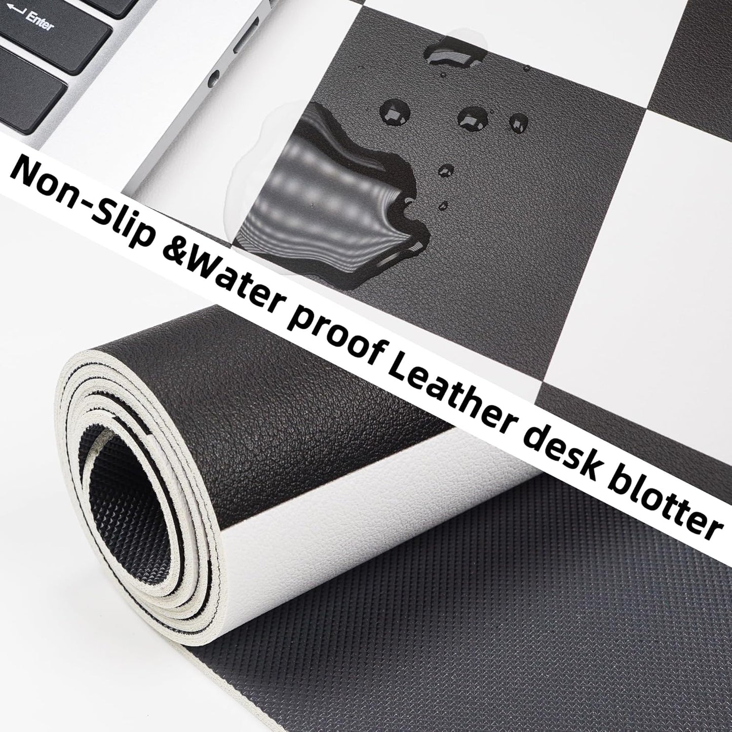 Non-Slip Checkered Desk Mat, Waterproof PU Leather Protector, Large Blotter, Easy Clean Laptop Writing Mat for Work/Home/Decor (31.5"x12", White Black)