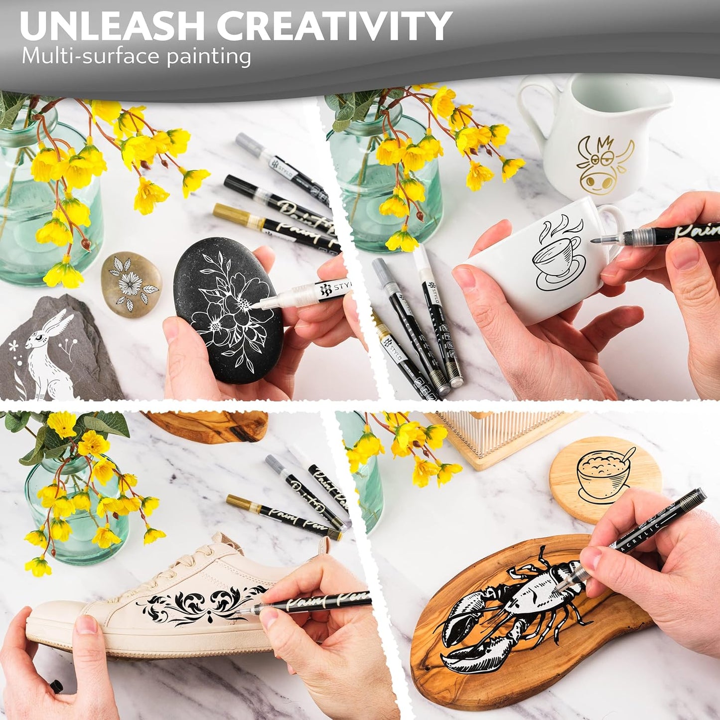 Stylo 4 Count Acrylic Metallic Pens - White Paint Pens - Fine Tip Permanent Acrylic Metallic Paint Markers for Rock Painting, Glass, Wood, Ideal for Arts and Crafts (Pack of 4, White)