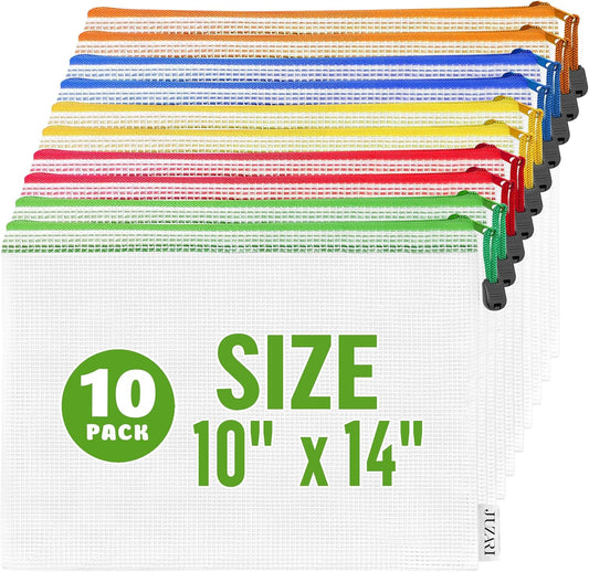 10 Pack Mesh Zipper Pouch Bags 10x14 inch - Plastic Zipper Pouches for Organizing - Document Bags With Zippers - Letter Size Zippered Pouch - Document Pouches With Zippers