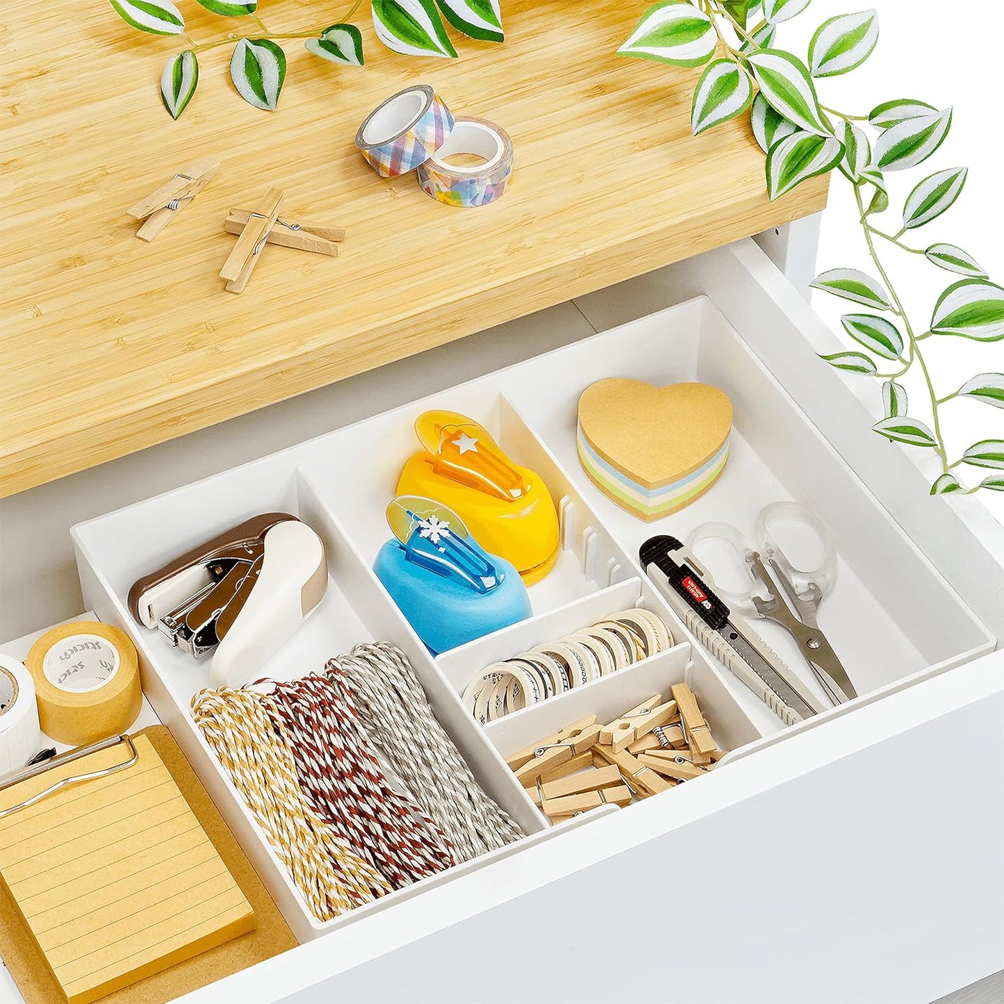 CAXXA 2PK - 3 Slot Drawer Organizer with Two Adjustable Dividers - 5 Compartments Drawer Storage Junk Drawer Organizer for Office Desk Supplies and Accessories, White