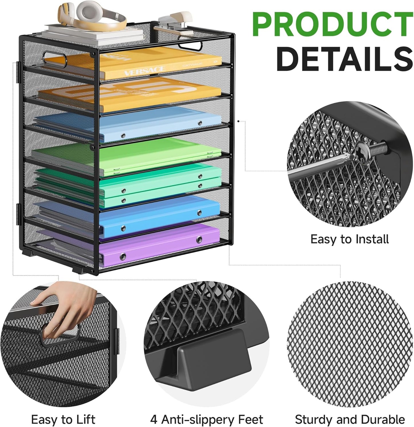 2 Pack 8 Tier Paper Organizer with Handle, Metal Mesh Desk File Organizer, Large Capacity Desk Organizers Paper Letter Tray Desktop Document Sorter for Office, Home or School - Black