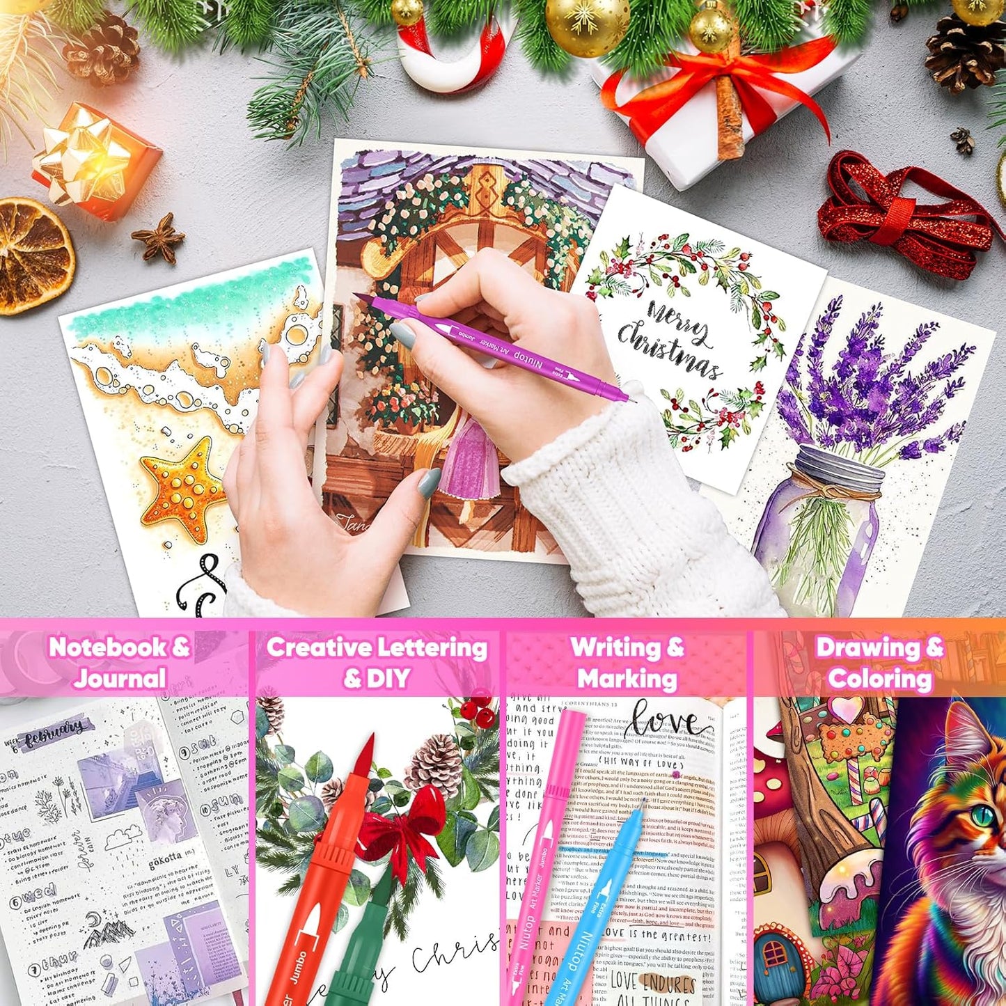 Niutop 36 Colors Fine & Brush Tip Dual Tip Coloring Marker Pens, Doodle Art Markers for Adult Coloring Books, Calligraphy Journaling, Art Supplies for Kids 9-12