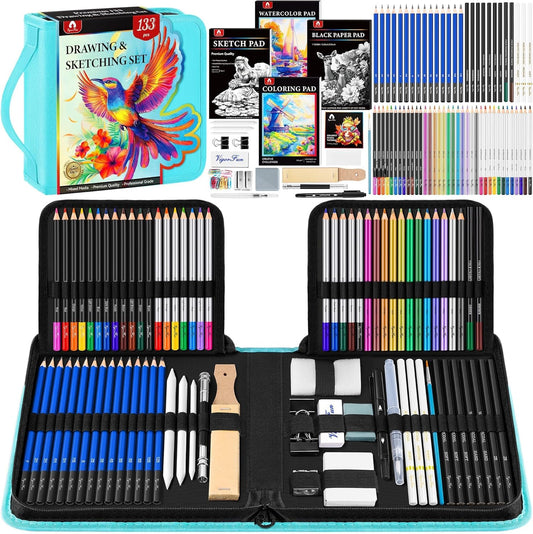 133 PCS Art Supplies Sketching Kit, Pro Drawing Pencils with Sketchbook, Coloring Book, Watercolor Pad, Black Paper Pad, Colored Graphite Charcoal Watercolor & Metallic Pencils for Artists Adults Kids