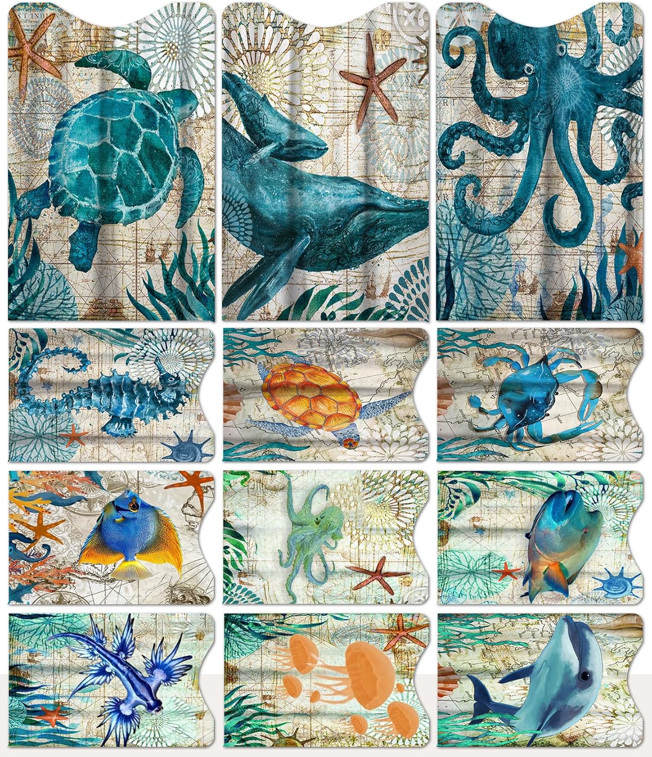 12 PCS RFID Blocking Sleeves, Credit Card Holder for Women Men Protect Cards Identity from Electronic Theft Travel Case Set (Marine Animals)