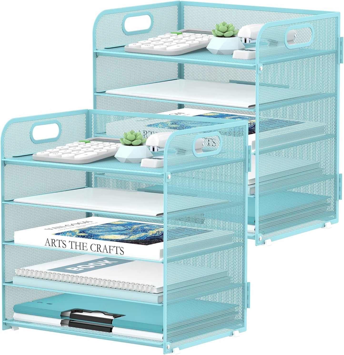 2 Pack 5-Tier Blue Desk Organizer with Handle Mesh Desk File/Paper Organizer Letter Tray for Office, School and Home Easy Installation