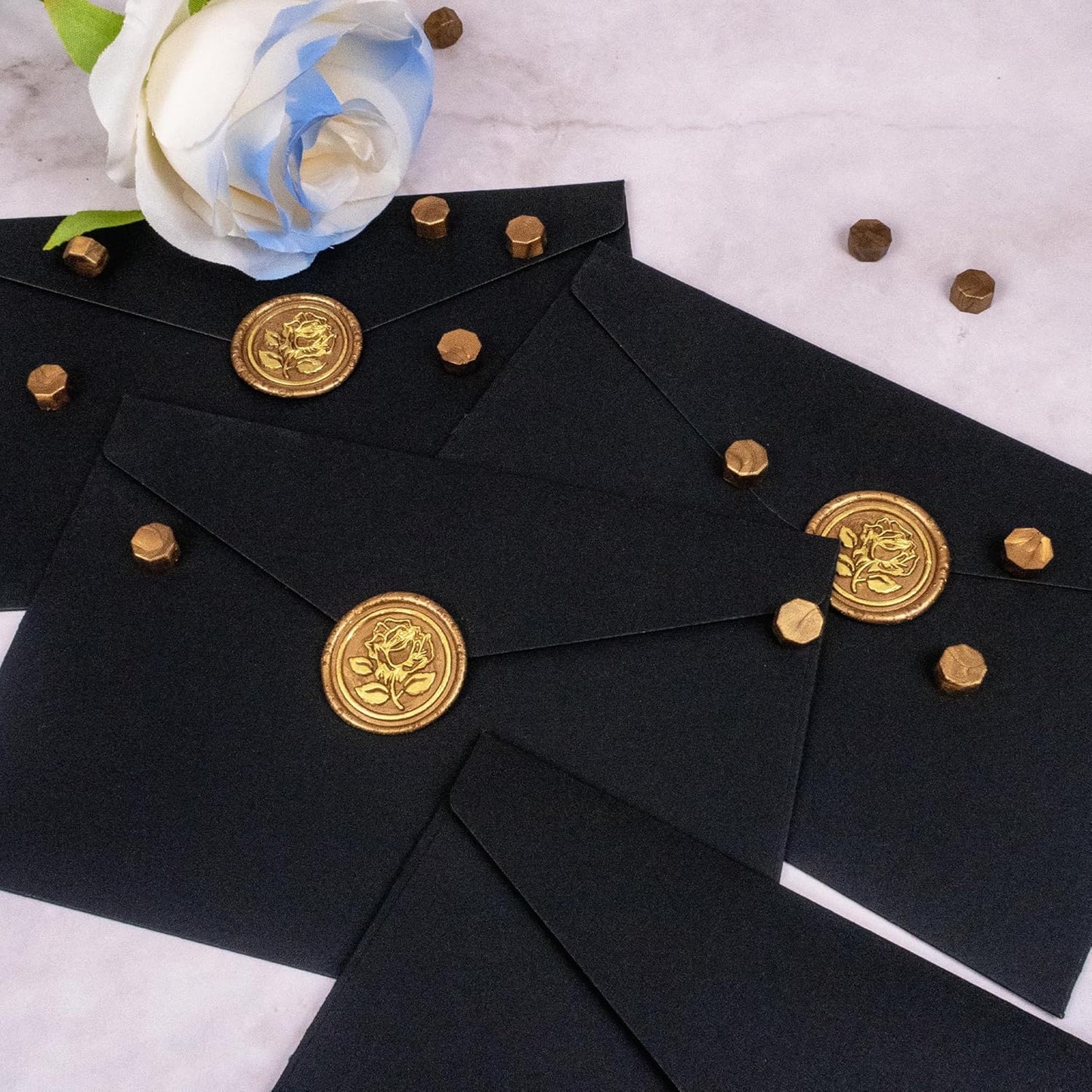 Flexible Wax, 100pcs Gold Rose Style Stickers, Bronze Color, Handmade Envelope Seals for Wedding Invitations, Scrapbook, Waterproof, Single Use, Vintage