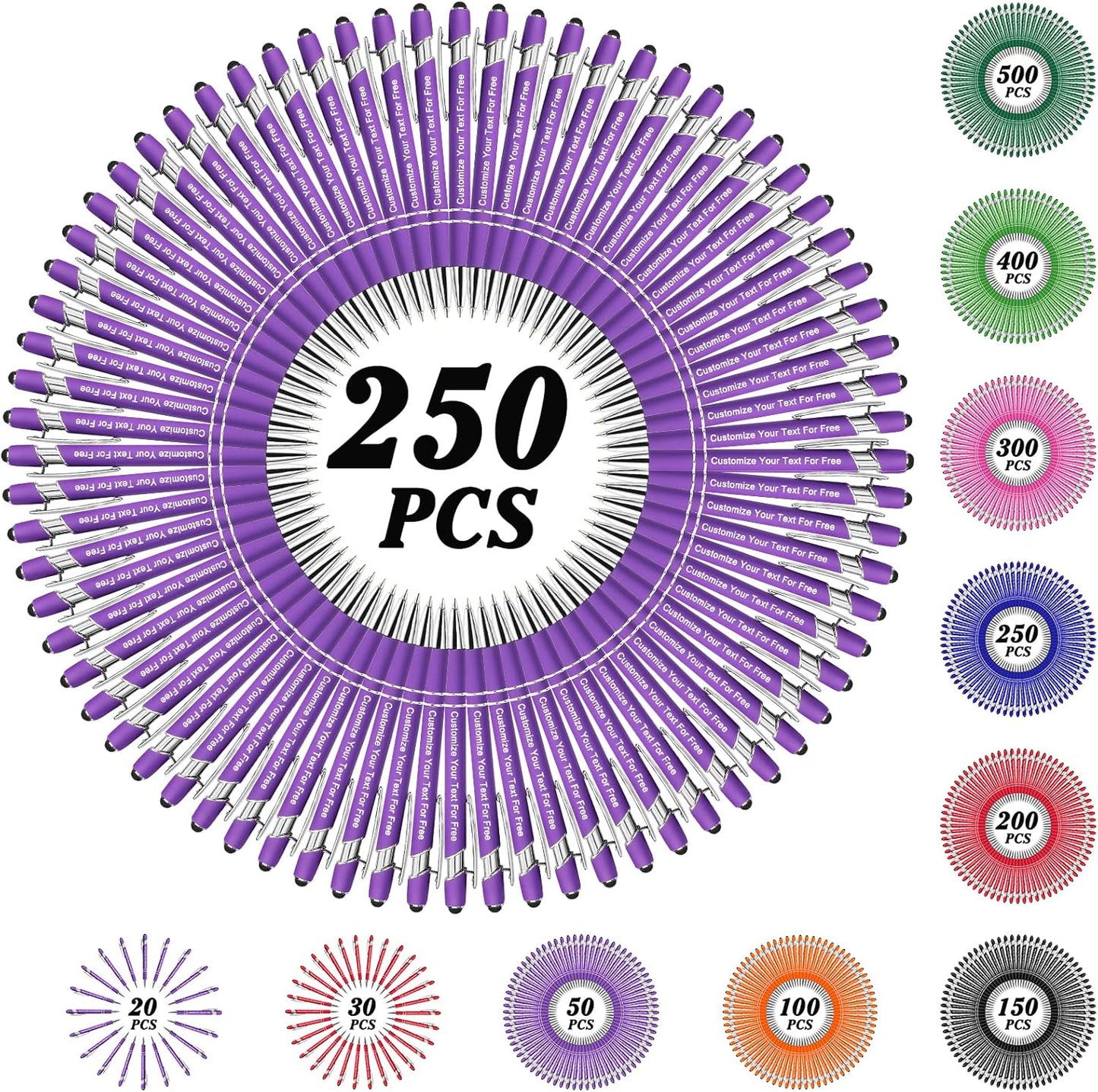 Max 500 Pcs Personalized Pens Bulk, Custom Pens with Free Engraving, Customized Stylus Tip Ballpoint Pen with Your Name Massage Text for School Office Business Graduation Anniversaries-250 Packs