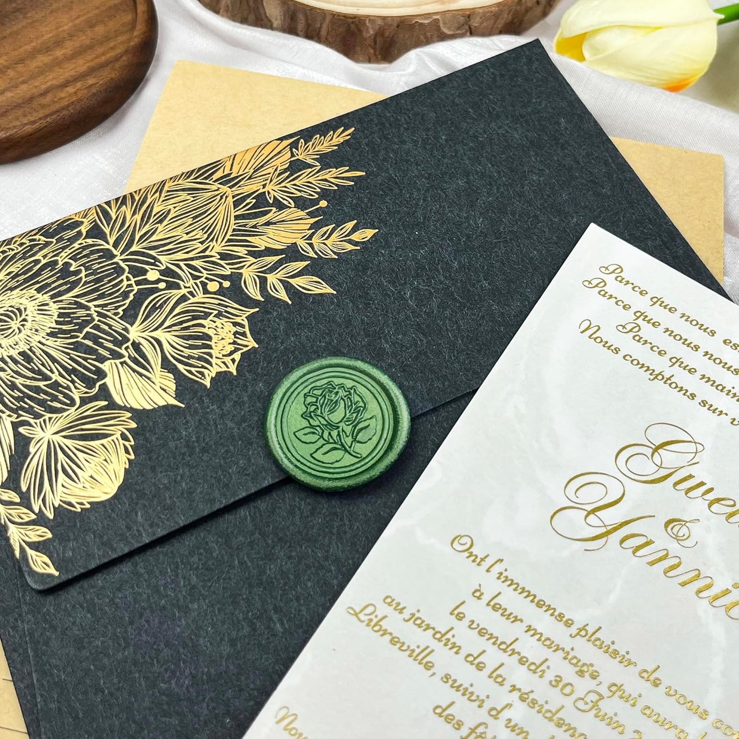 100Pcs Wax Seal Stickers Handmade Envelope Seals Self Adhesive Wax Stickers for Wedding Party Invitations, Envelope, Gift Wrap, Christmas(Rose Style, Green)