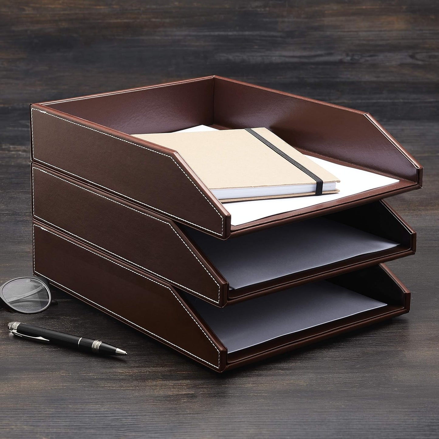 Gallaway Leather Letter Tray Desk Organizer - Paper Tray for Desk,Premium PU Leather Tray Perfect for Office Organization, Document Holder Fits A4 Paper, Stackable Drawers for Extra Desk Storage.