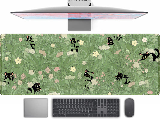Cute Green Leaves Pink Flowers Mouse Pad Desk Pad Kawaii Anime Cat Desktop Protector Decor Desk Mat, XL Large Gaming Mousepad for Girl Women Laptop Computer Keyboard and Mouse Mat 31.5x11.8 in
