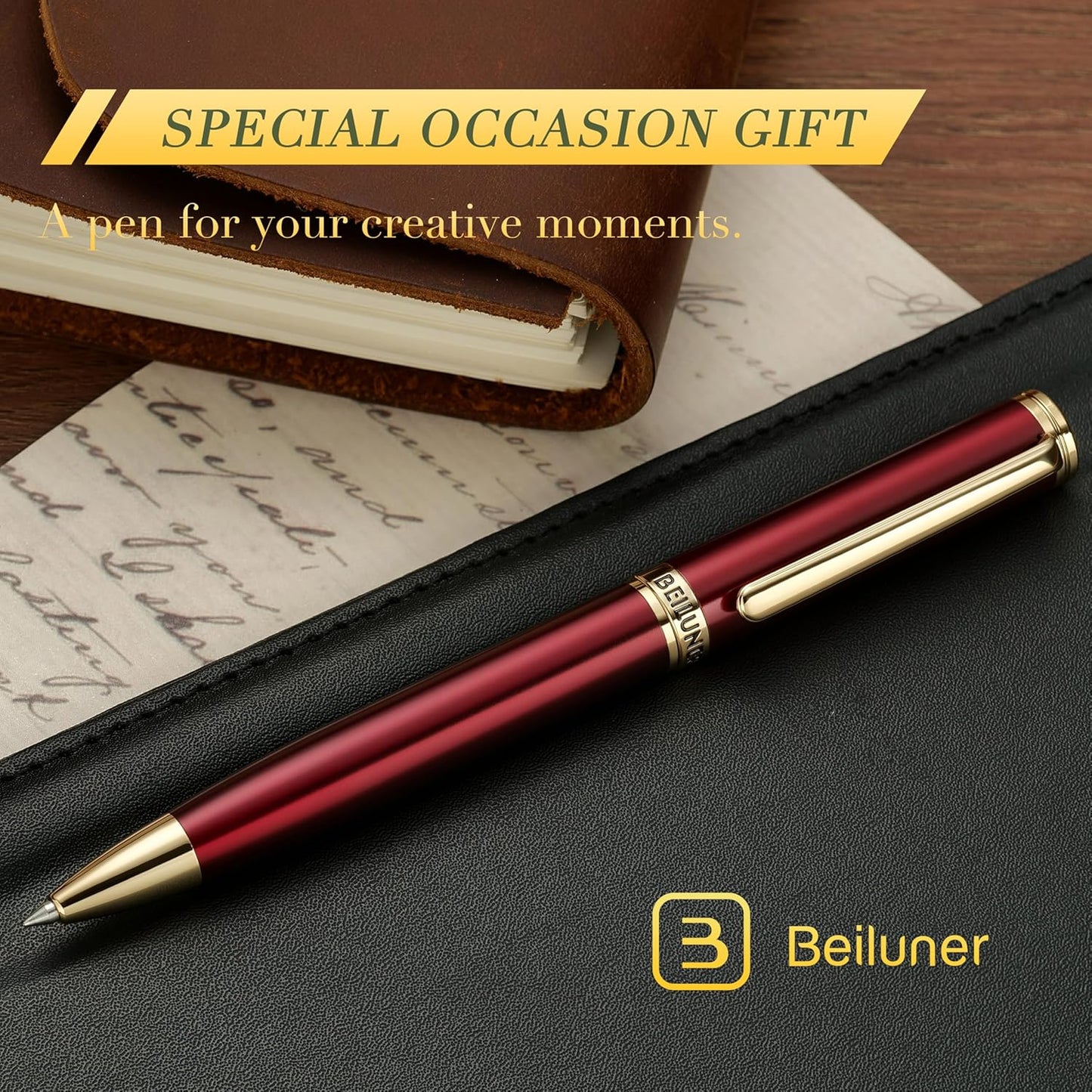BEILUNER Red Lacquer Gel Pen With 24K Gold Finish, Retractable Pens, Gift Pen Set, Professional, Elegant, Writing, Executive, Office, Nice Fancy Designer, Perfect for Men and Women