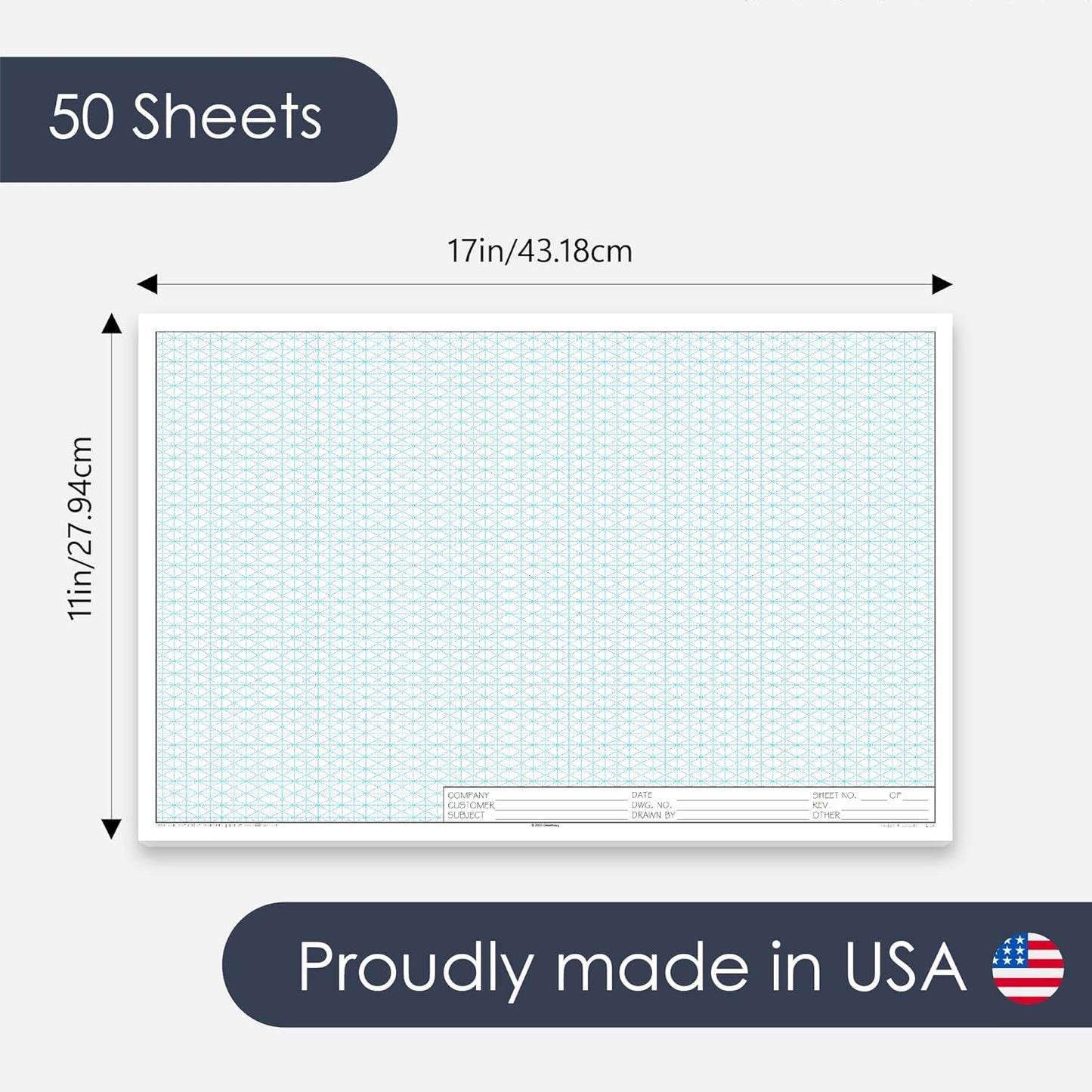 11" x 17" Isometric Graph Paper 50 Sheets Landscape - 0.25" Grid, Non-photo Blue, High Brightness, Drafting, Engineering, Art, 3D Design (1-Pack)