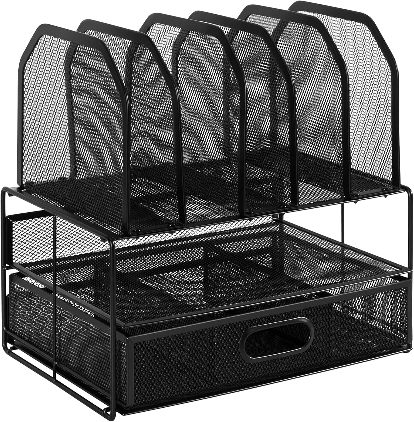 Amazon Basics Mesh Desk Organizer with Sliding Drawer, Double Tray and 5 Upright Sections, Black
