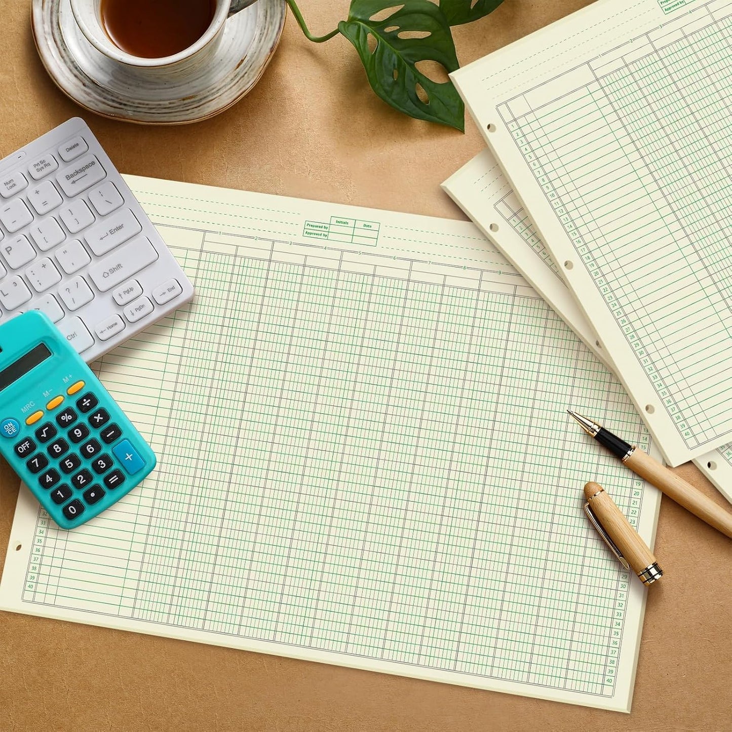 Fulmoon 5 Pack 250 Sheets Ledger Paper Accounting Columnar Pads 3 Hole Analysis Accounting Ledger Book for Business, 50 Sheets/Pack, Single Page Format, Green(16.375 x 11 Inch,13 Columnar)