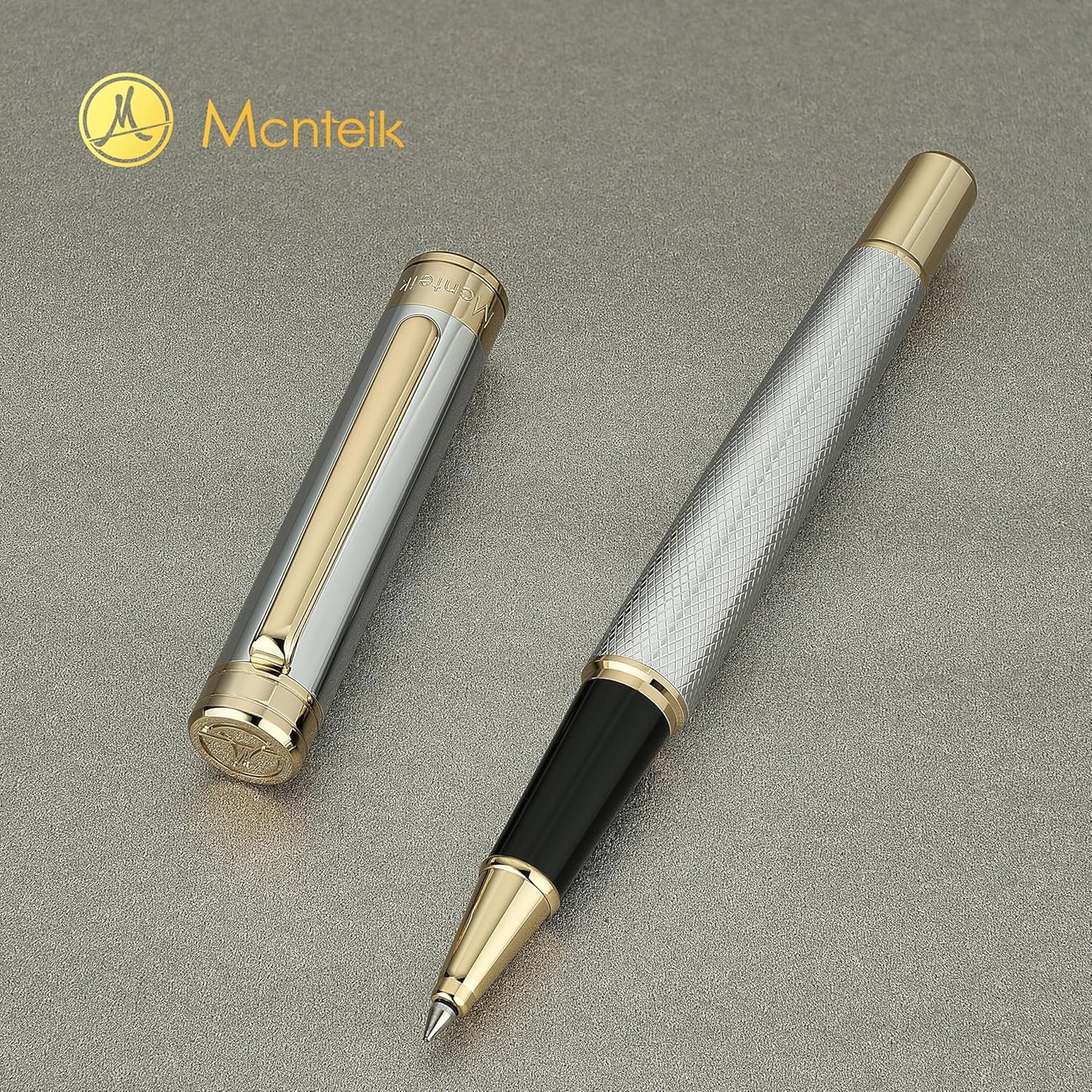 Silver Chrome Rollerball Pen, Stunning Luxury Pen with Mesh Texture Design、Silver Chrome Finish and 24K Gold Accents, Nice Gift Set for Men & Women, Business, Executive, Office, Fancy Pens